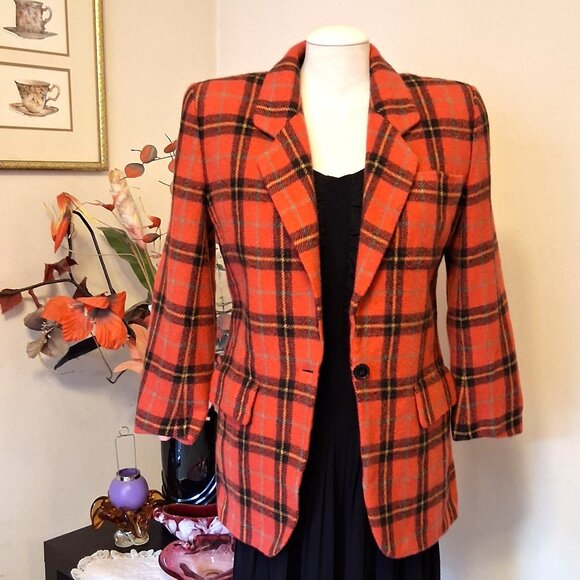 Jones New York Jackets & Blazers - Vintage Jones New York Orang Red Wool Lined Blazer Checkered Pattern Jacket